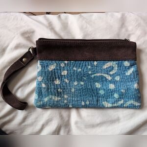 Blue and Brown Clutch Bag Wrist Strap Watercolour Pattern Boho Artsy